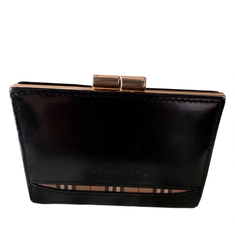 EUC Burberry Wallet Coin Purse Black Leather Novacheck Beige - Picture 1 of 7